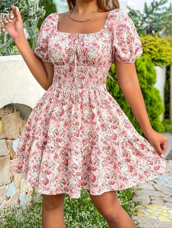 New Look Dresses & Skirts - Women's Summer Dresses Square Neck Short Sleeve Waisted Elegant Dresses
